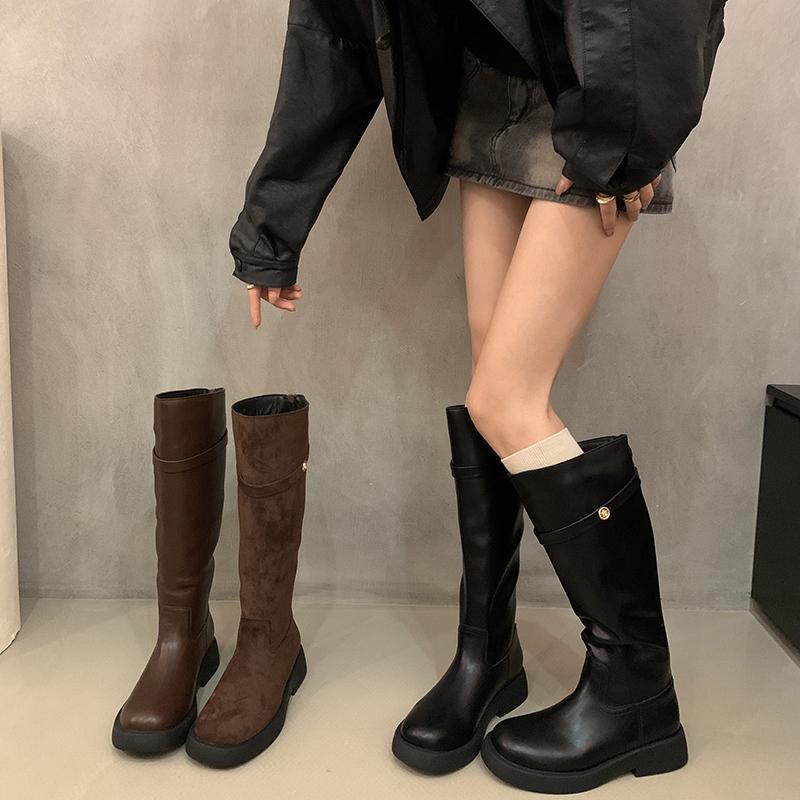 Fashion Winter Vintage Women Western Cowboy Boots Fashion Belt Buckle Slip On Female Knight Long Booties