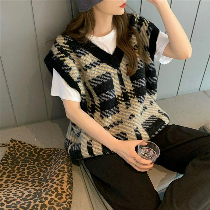 Women's Spring and Autumn Waistcoat Trend College Style Jacquard Loose Collar All-match Knitted Outer Wear