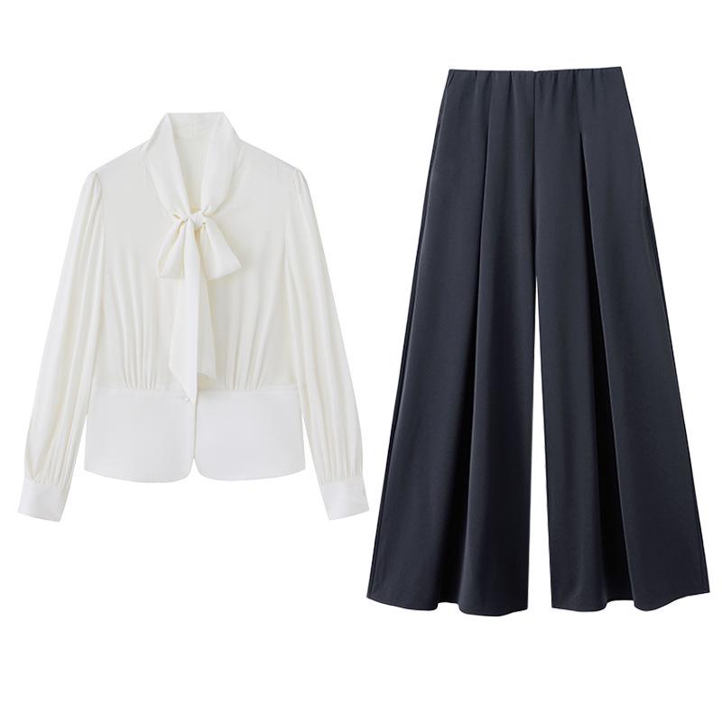 2025 Frühling & Herbst High-End Mode Zweiteiler: Schnürhemd mit langen Ärmeln & Weitbeinige Hose Set