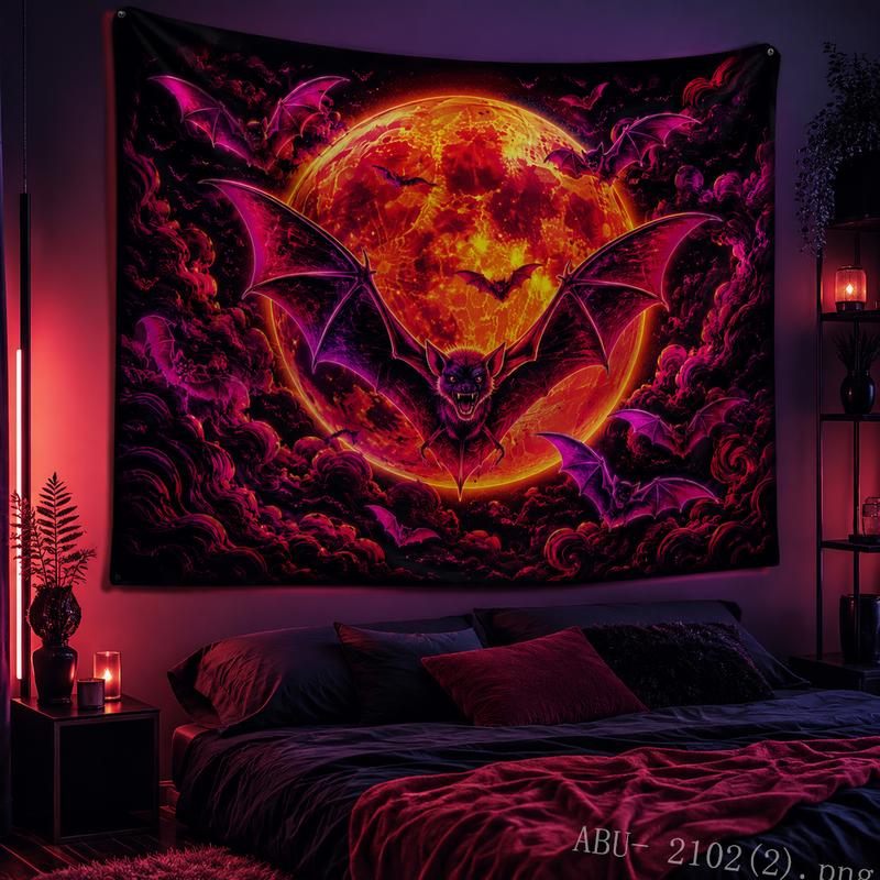 Dark Gothic Bat Tapestry Fluorescent Spider Wall Art for Halloween Bedroom Living Room Decor