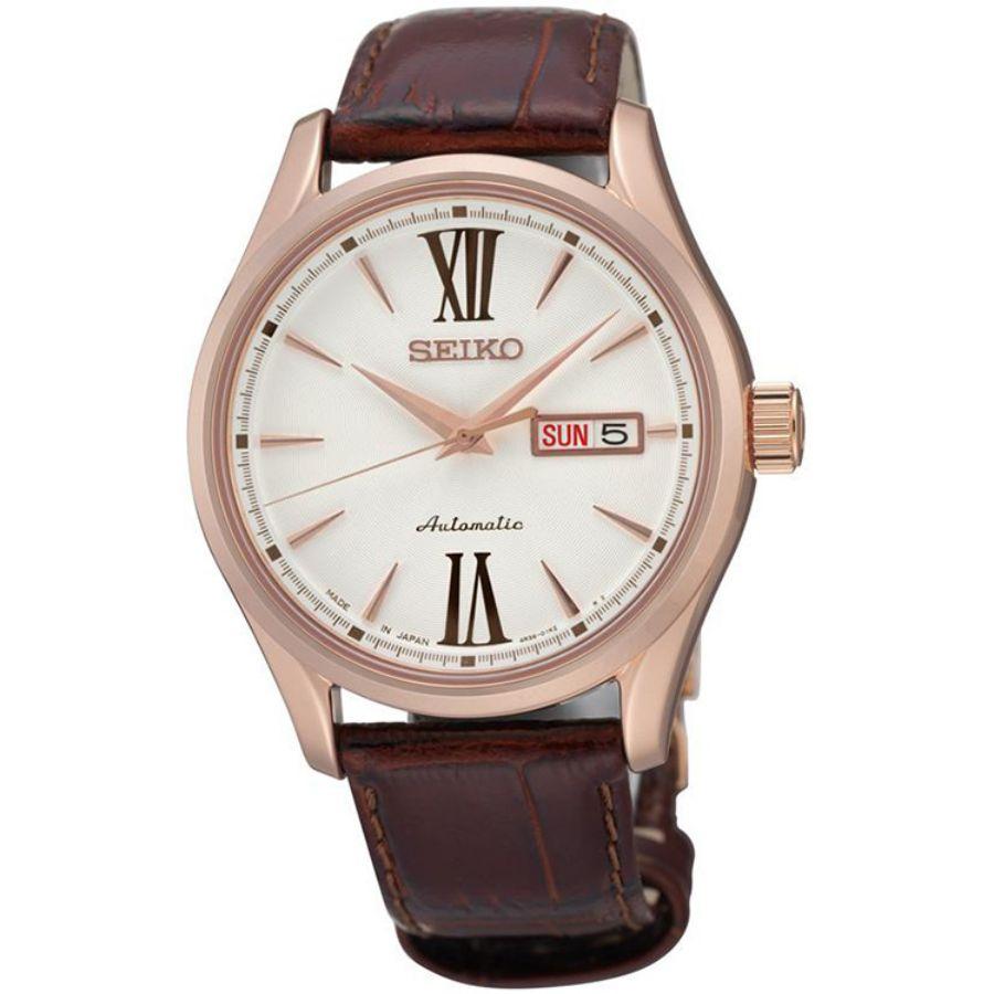 

Seiko Механические мужские часы Белый циферблат Водонепроницаемость 100 м Коричневый кожаный ремешок Подходят для повседневного использования SRP330J1