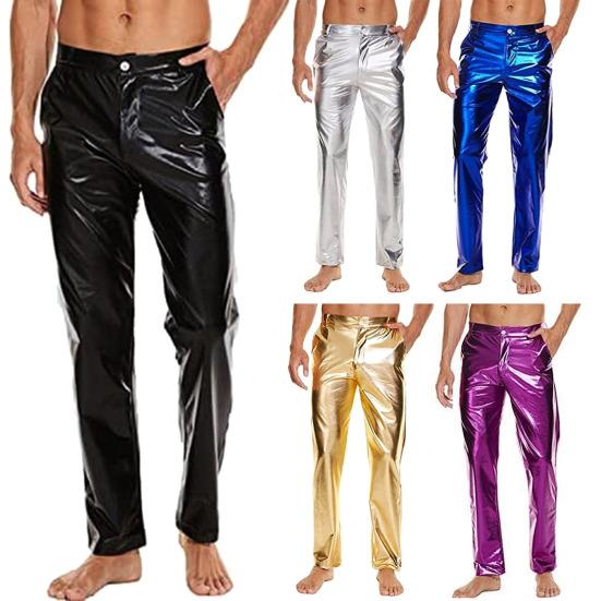 Men Pants Mid-rise Button Zipper Fly Shiny Casual Trousers