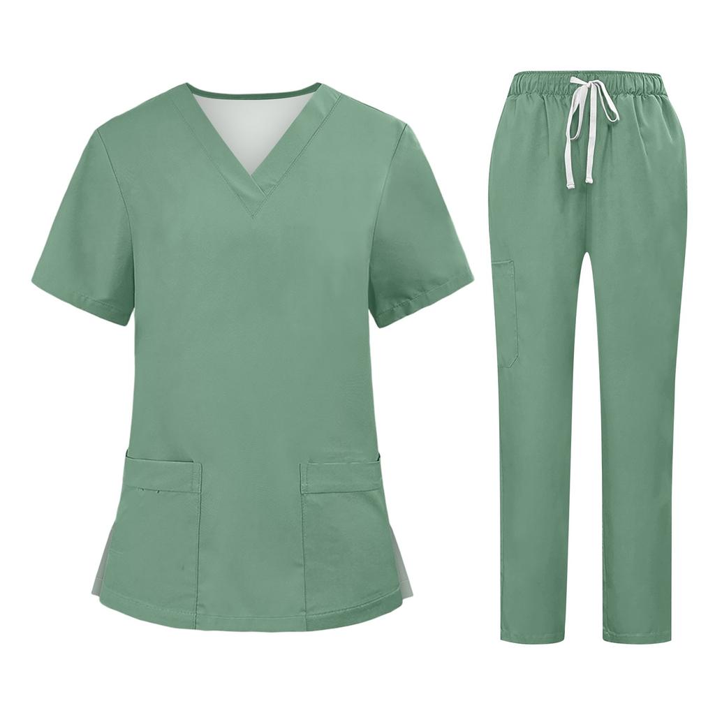 Soild Scrub Arbeitsuniform Anzug für Damen Kreuz V-Ausschnitt Kurzarm Fun T-Shirts Arbeitskleidung T-Shirt mit Taschen