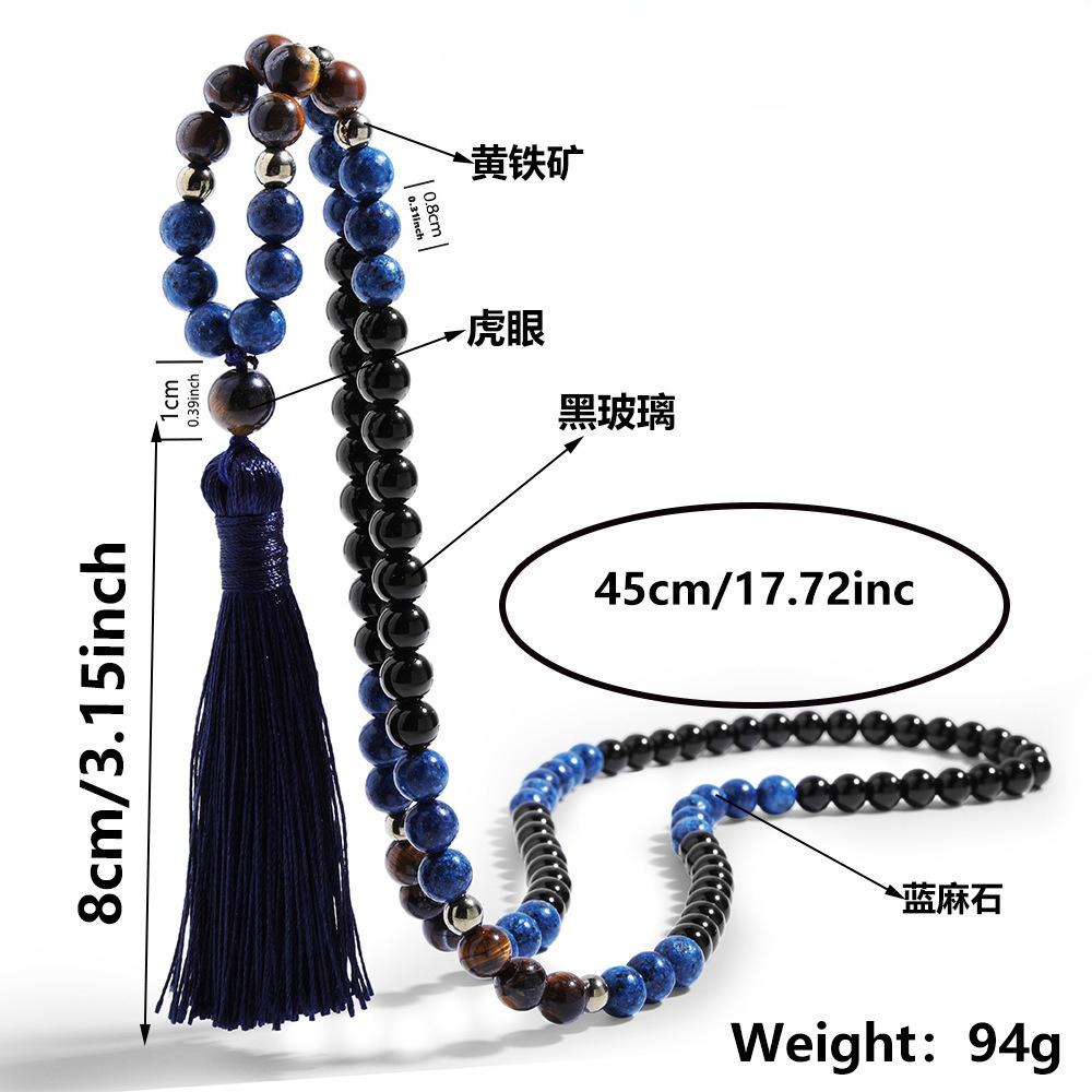 Lange tibetische Pulloverkette mit Fransenanhänger Herren-Modehalskette Tigerauge Blaustein Perlenkette