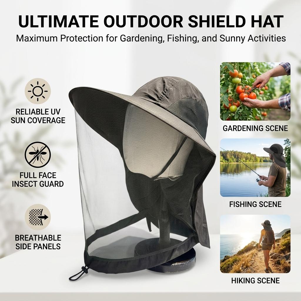 Outdoor Mosquito-Protection Hat Wide Brim Sunscreen Fishing Hat with Mesh Veil Foldable Design for Men Women