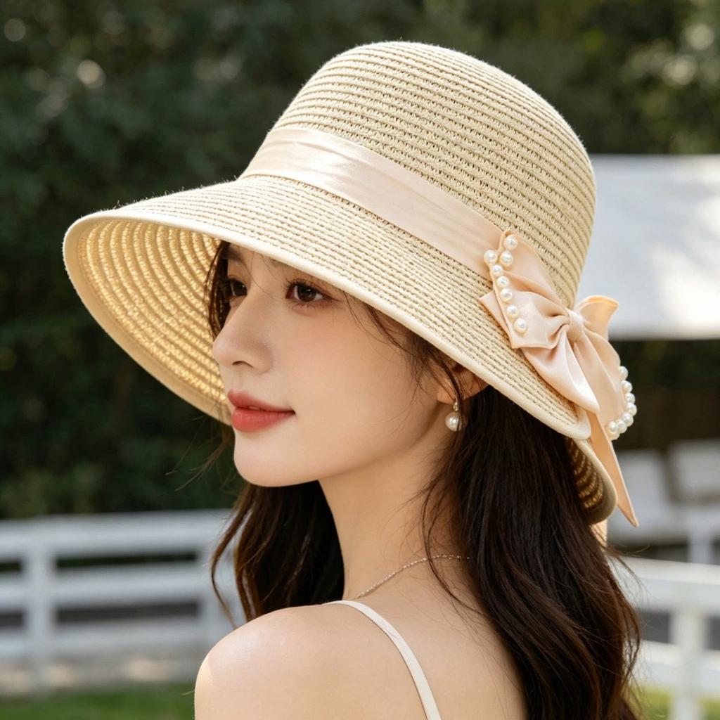 Straw Hat Female Trend Pearl Bow Straw Bucket Hat Summer Outing Beach Visor Outdoor Sun Hat