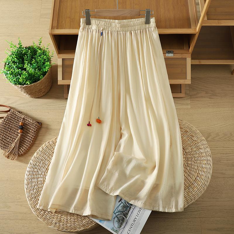 DIMANAF 2026 Plus Size Women Linen Pants Elastic Waist Vintage Basic Lady Wide Leg Long Pants Oversize Loose Tencel Solid