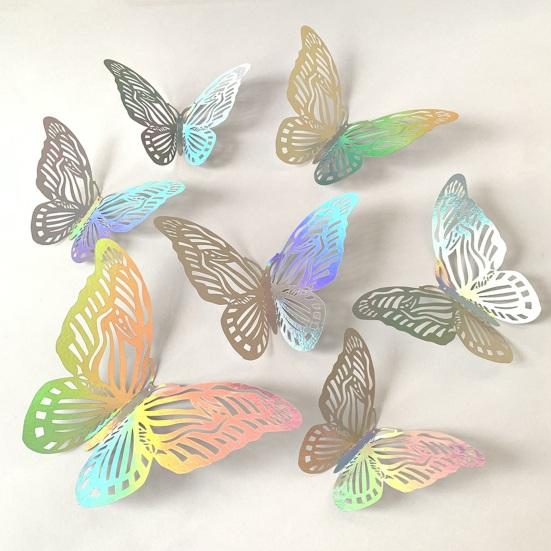 Yousheng 12Pcs/Set 3D Hollow Butterfly Wall Sticker, Removable Holographic Butterfly Decoration, Iridescent Butterflies Decal for Wedding Anniversary