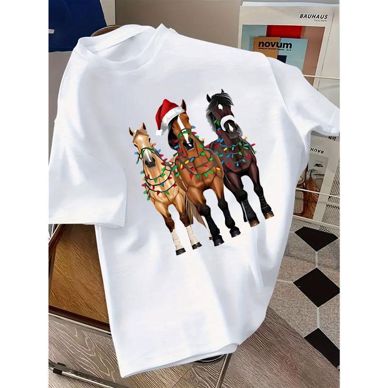 European sizes Christmas-Themed Horse Decoration T-Shirt, a Loose And Casual Top for New Year Holiday Gifts -- Stylish Print Design