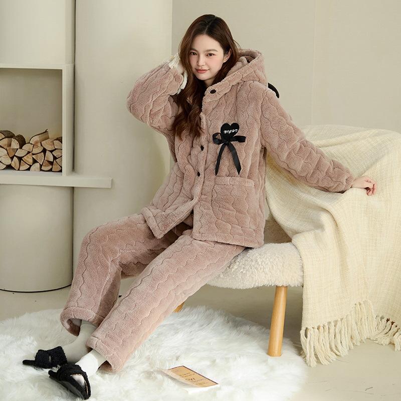 Winter three-layer padded coral fleece pajamas women's winter thickened hooded warm flannel cartoon loungewear women's