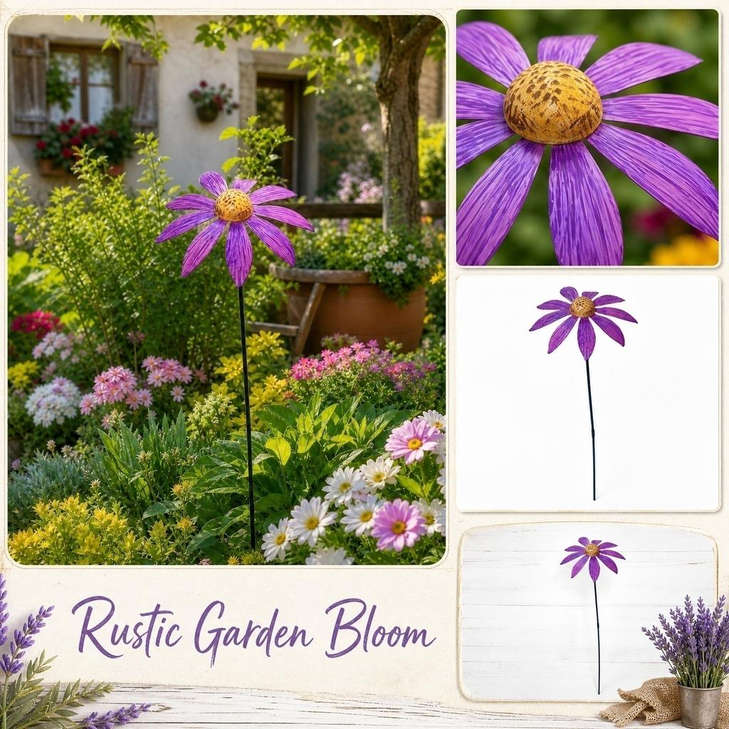 Rustic Style Metal Garden Decoration Flower Stake with Durable Construction and Detailed Petal Design for Outdoor Yard and Garden Use