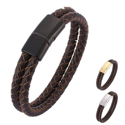 Vintage Double Layer Braided Brown Men Genuine Leather Bracelet Charms Man Jewelry Bracelet Gift