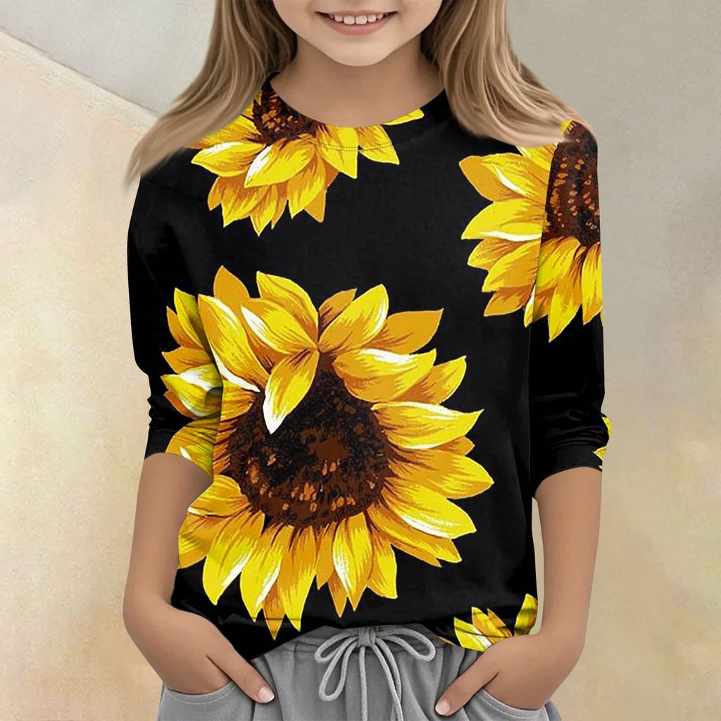 Children's Printed Round Neck Seven Quarter Sleeve Casual T-shirt