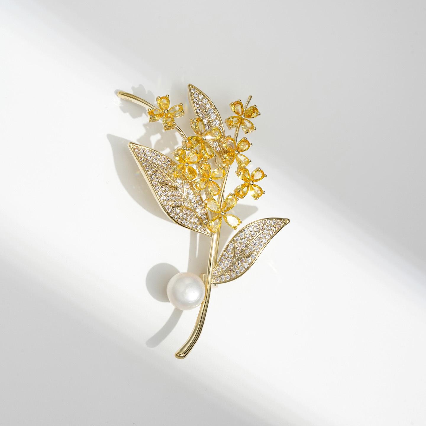 Bo Xin Yun Elegant Freshwater Pearl and Golden Osmanthus Brooch for Women - High-End Retro Style