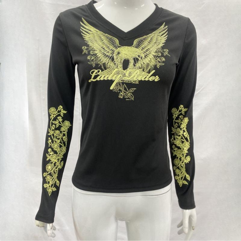 

Европейский и американский весенний темный стиль облегающий топ с V-образным вырезом с принтом, подчеркивающий темперамент, с длинным рукавом, женская одежда S чёрный