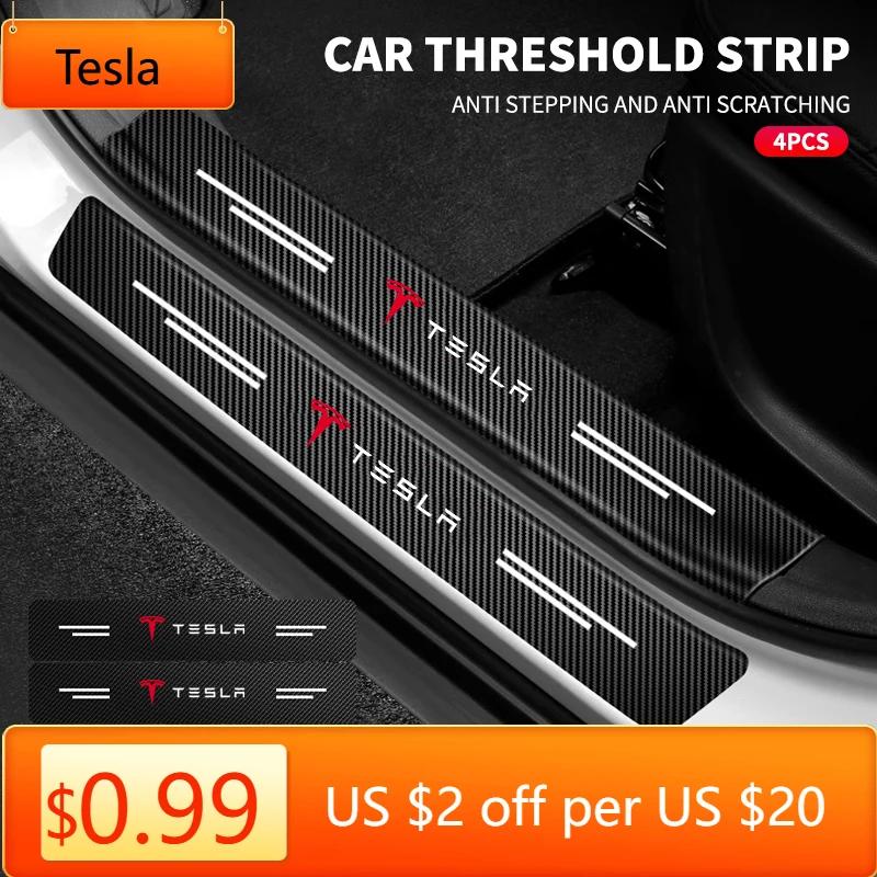 Car Sticker Tesla 4Pcs/set Carbon Fiber Car Door Sill Threshold Protector Logo Stickers For Tesla Model 3 Model Model X Y Roadst