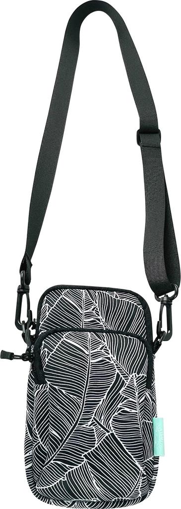 This neoprene mobile case is perfect for short trips. It measures 12cm wide x 19cm high x 2cm deep. It features a leaf pattern and a front pocket for