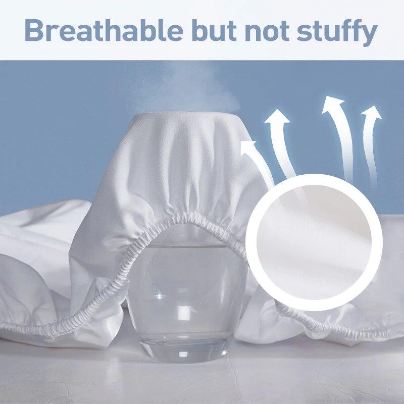 Waterproof Fitted Sheet Bedding Cover Bed Cloth Solid Color Mattress ,Soft Breathable Noiseless Bed Cover Deep Pocket Large Size