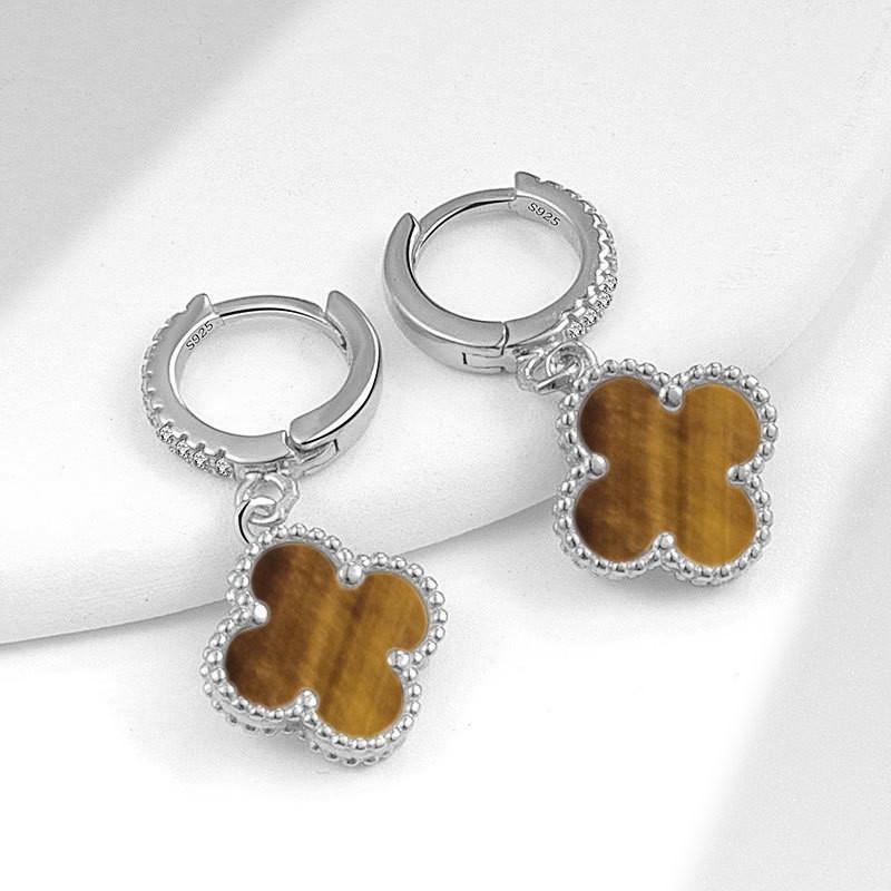 Womens Four Leaf Clover Earrings 18K Gold Plated Red Agate Luxury Fashion Jewelry