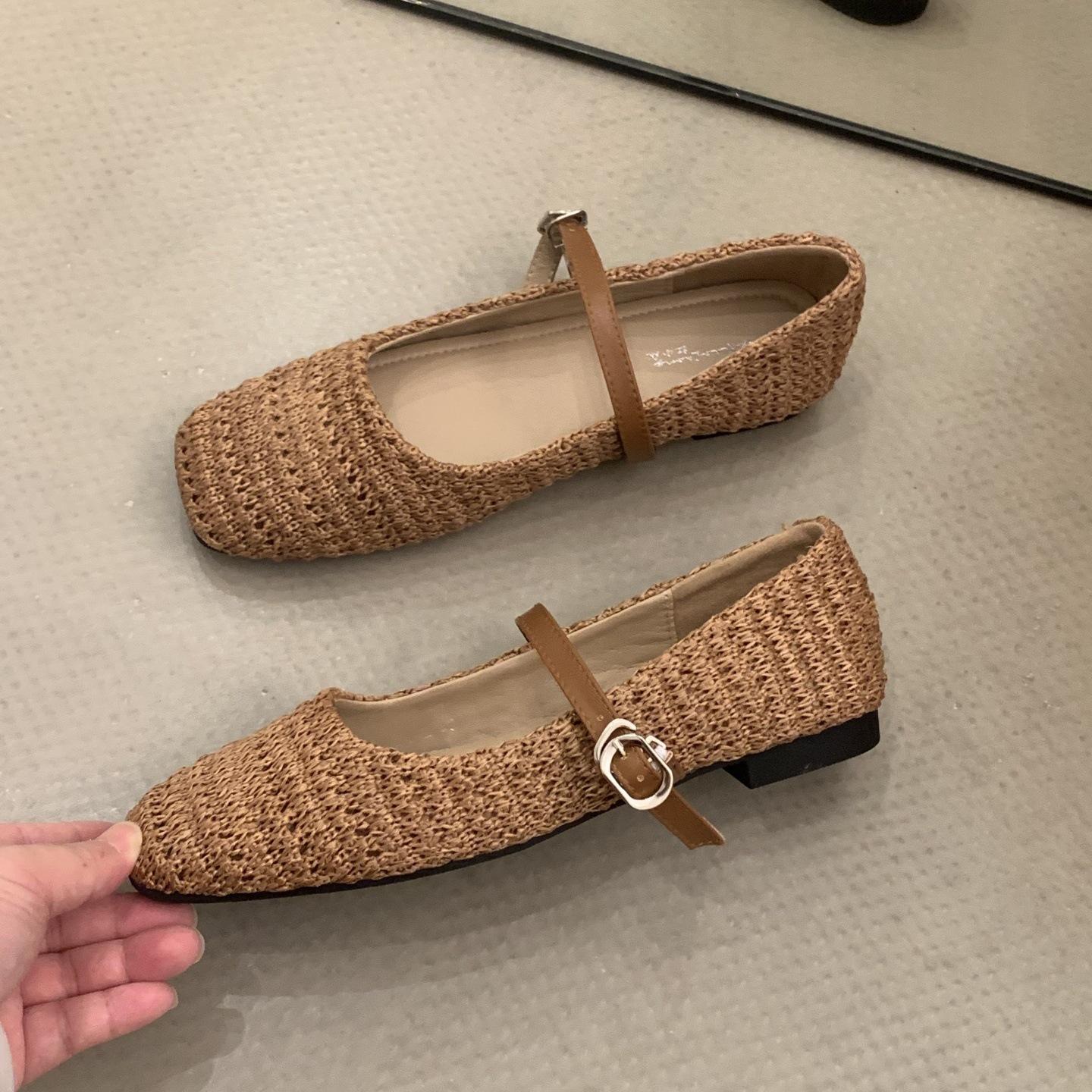 

Late Evening Wind Niche Woven Brown Single Shoes Fairy Shoes Summer Mary Jane With Skirt Shoes 39