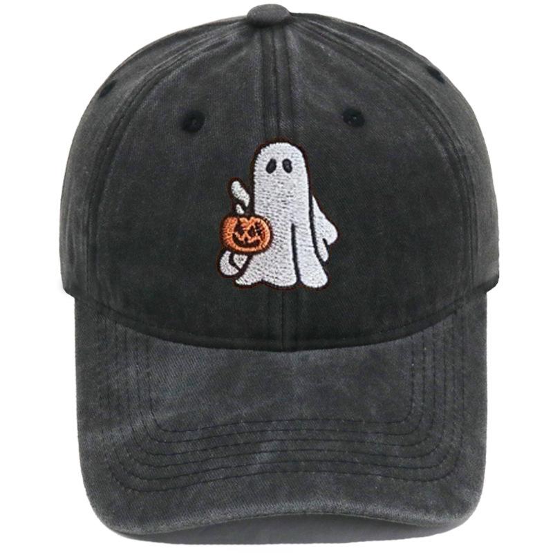 Cross-border Bestseller: Washed Soft-Top Casual Baseball Cap for Men and Women with Halloween Embroidered Pumpkin Smiley Face