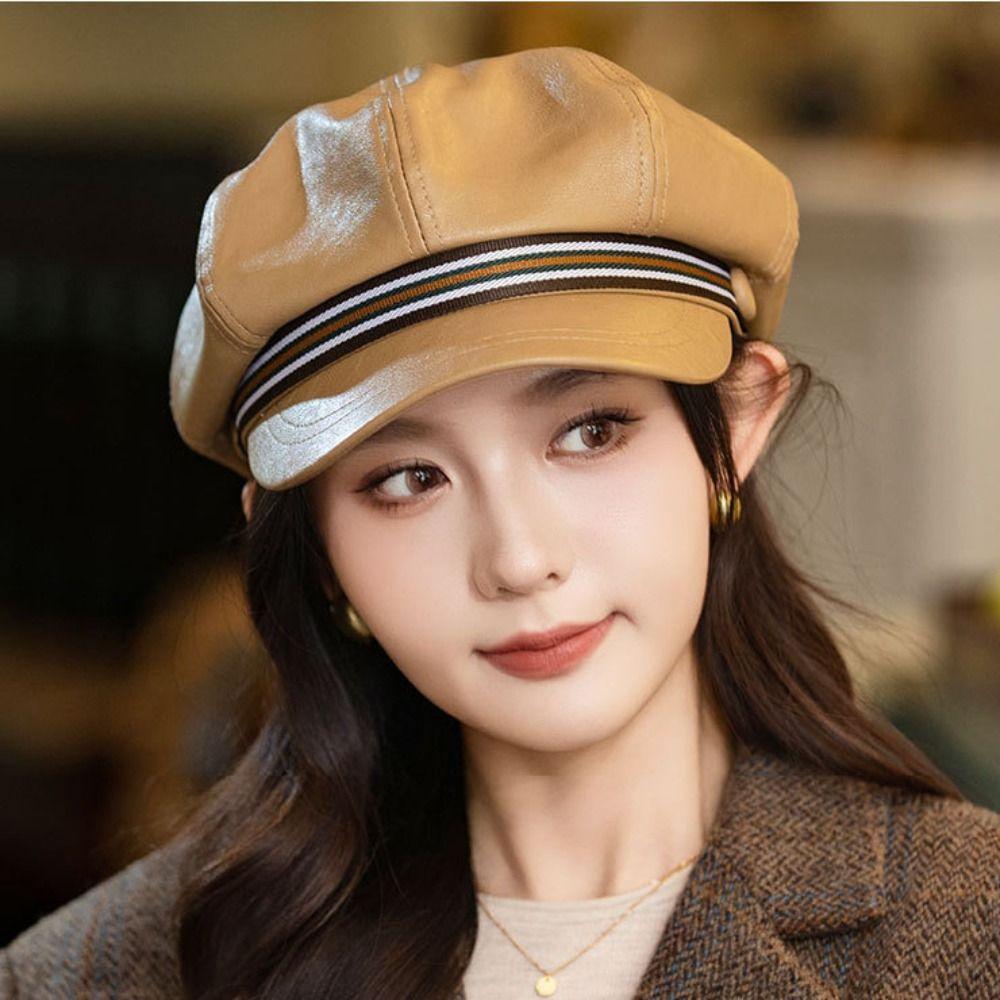 Windproof Octagonal Hat Warm Painter Hat Personality Pu Leather Beret  Girl