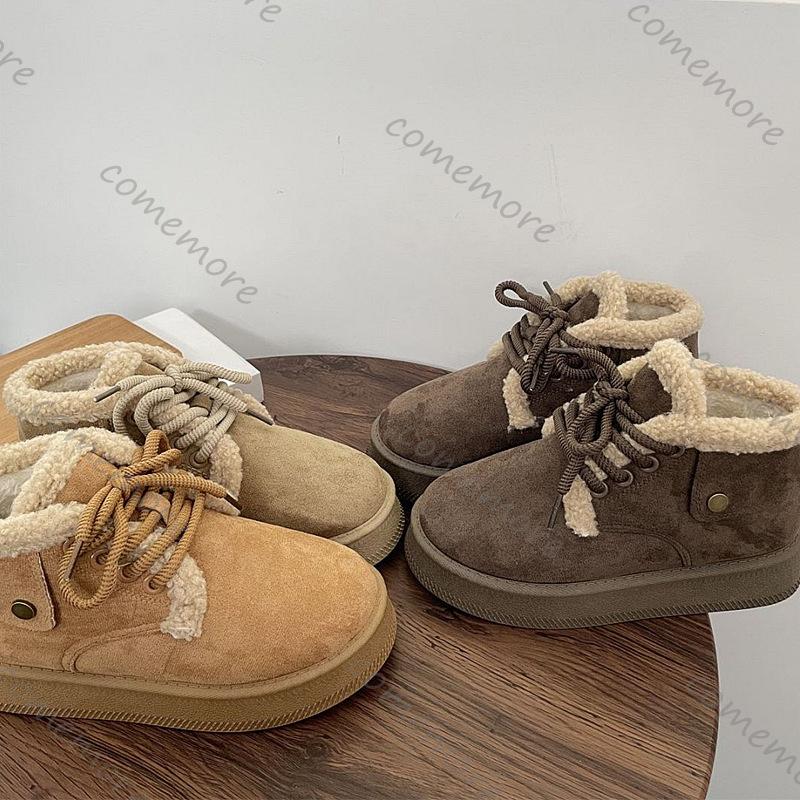 Comemore Bread Snow Boots Women Winter Casual Padded Thickened Shoes for Women Flat Bottom Lace Up Platform Warm Cotton Shoes