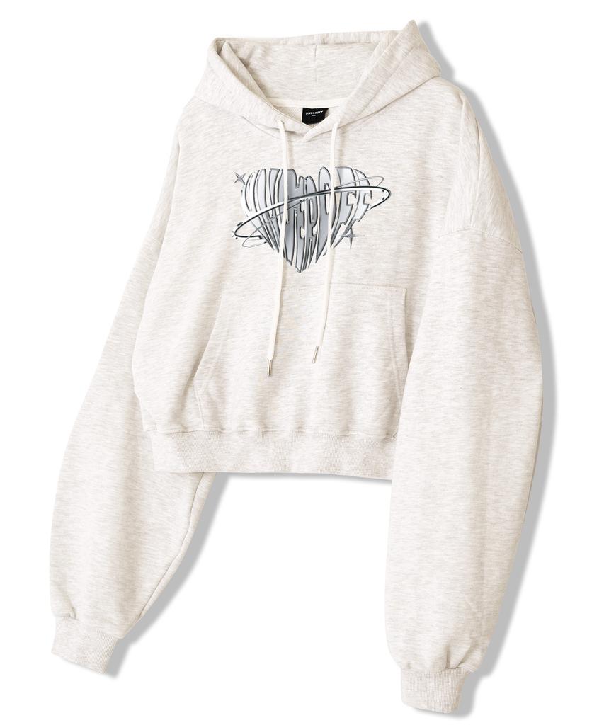 Women'S Relaxed Metallic Chrome Heart Crop Hoodie White Melange