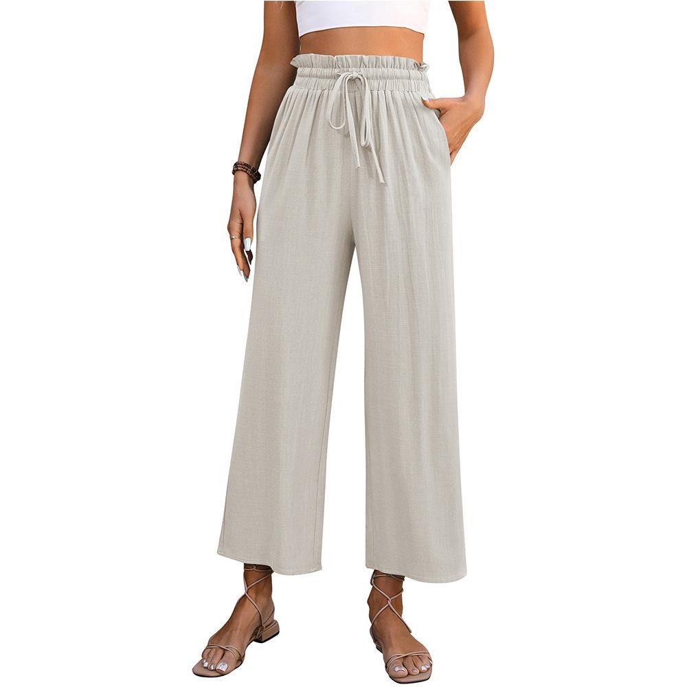 2025 Spring/Summer Women s High Waist Loose Cotton Linen Wide-Leg Pants XL бежевый
