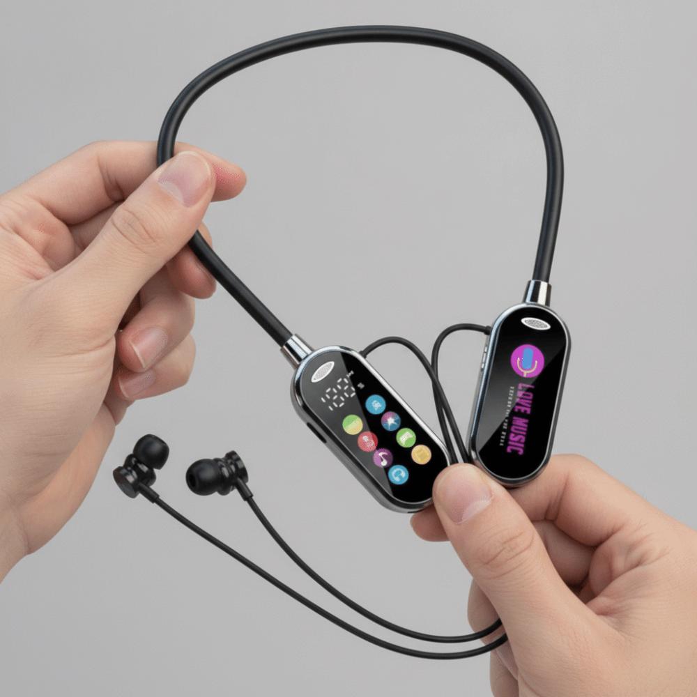 LED Display Neckband Headsets Color Screen Noise Reduction Earbuds Neck-hanging