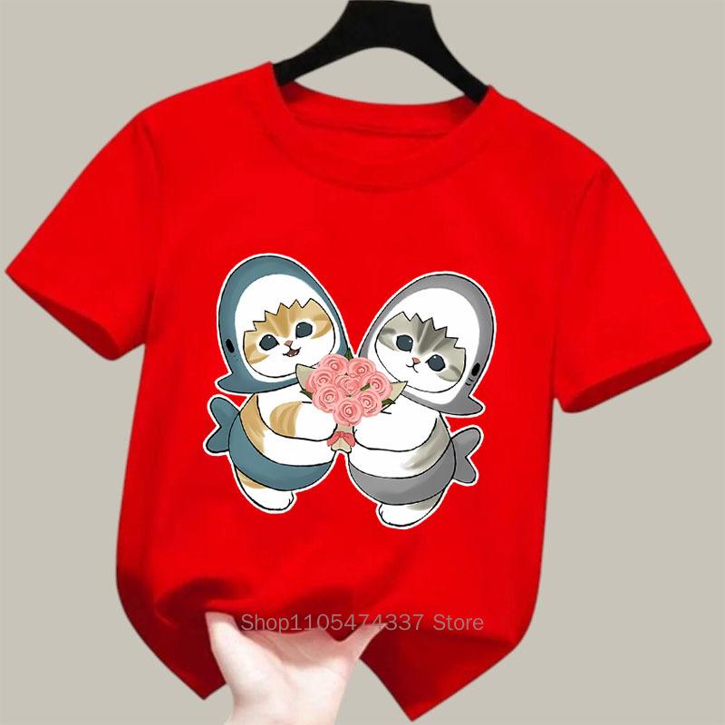 Cute Shark Cat Print Tshirts For Girls Summer Children Casual Kawaii Colorful Comfortable Tops Kids Oneck Short Sleeve Tees