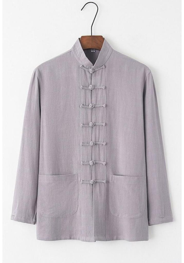 Men's Retro Chinese Style Tang Suit - Cotton and Linen Long-Sleeved Zen Top for Tai Chi.