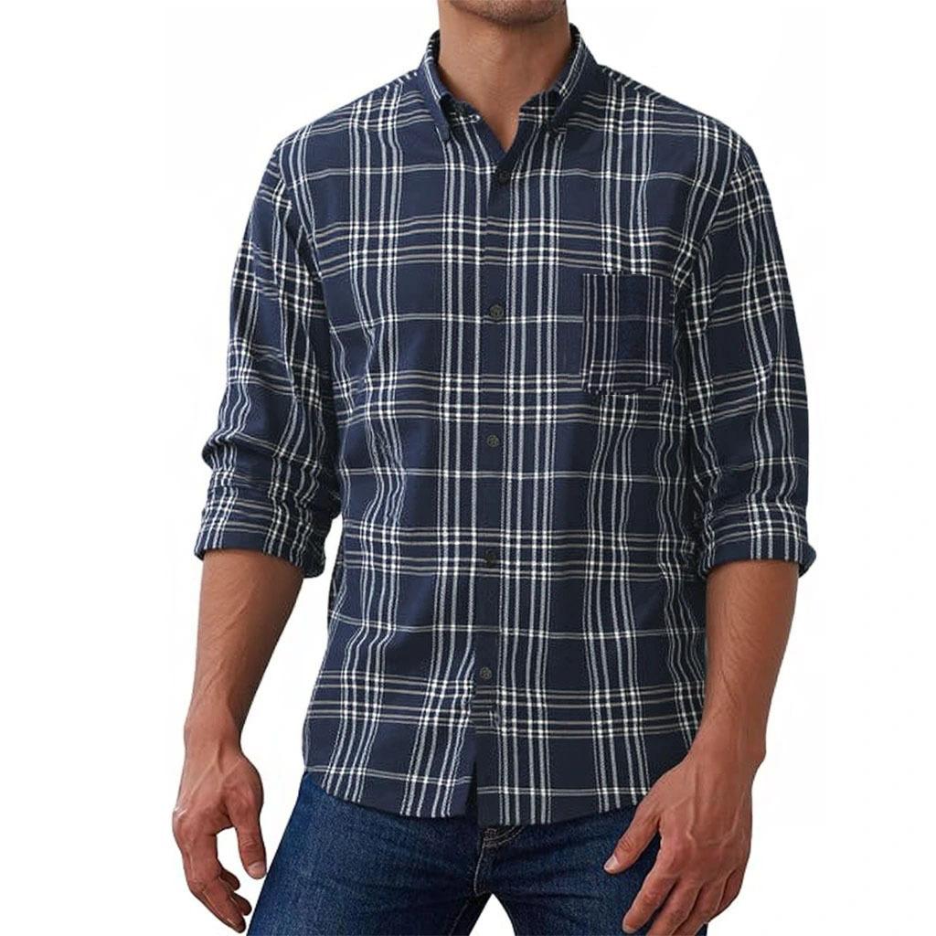 Thickened Long-sleeved Men's Lapel Shirt American Casual Loose Plaid Neutral Jacket