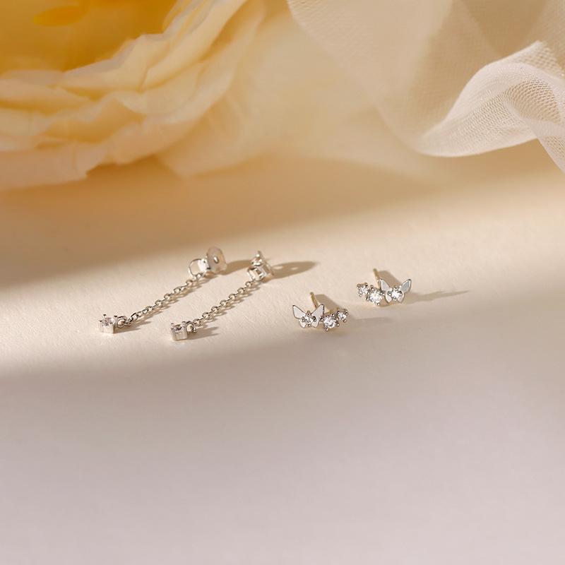 Tassel Butterfly Stud Earrings Women's Light Luxury Simple Flash Diamond Earrings Rear Hanging Type