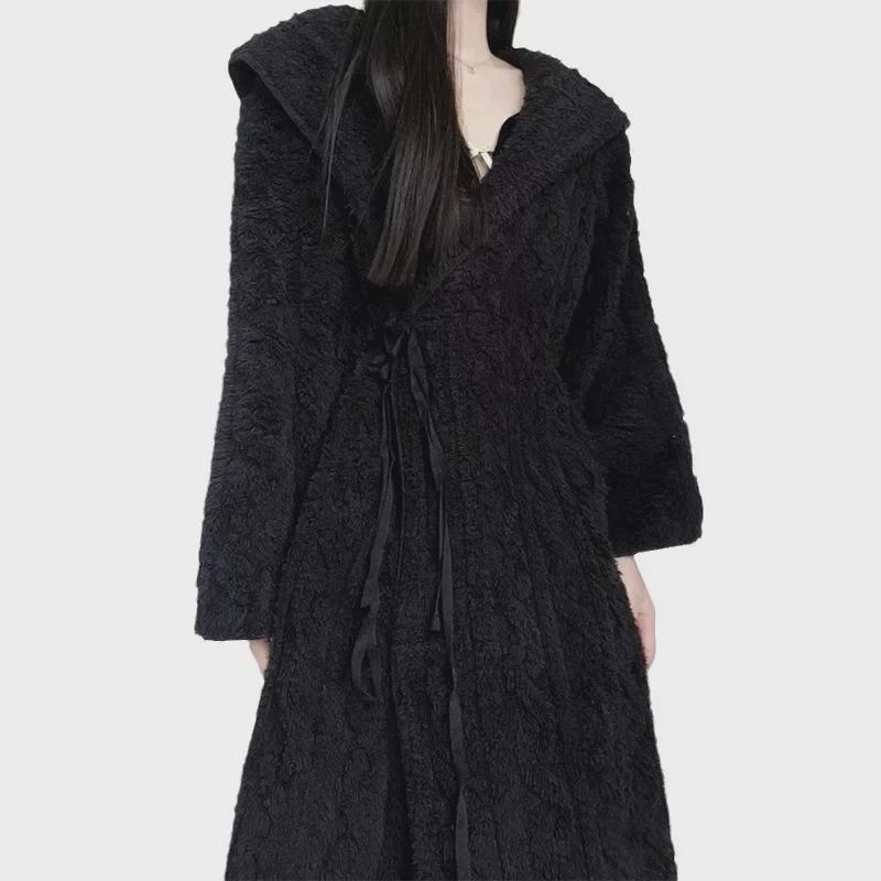 Dámská flanelová noční košile s kapucí - Černá, silný teplý korálový fleece, velká velikost