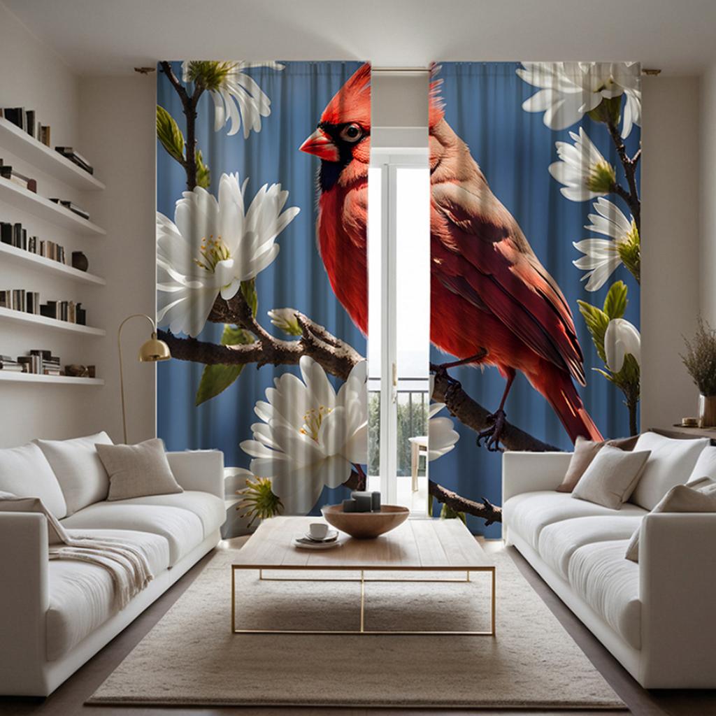 2 pieces of HD pear tree bird decorative curtain Blue tie digital printed curtain Home decoration style decoration living room b