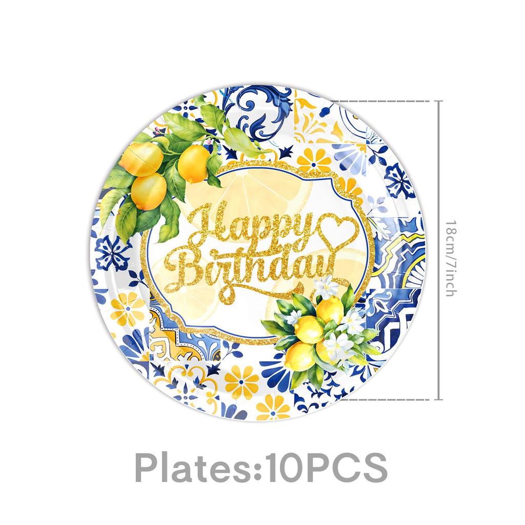 Retro Blue and White Porcelain Lemon-Themed Summer Party Tableware Set - Banner, Paper Plates, and Bunting Decorations