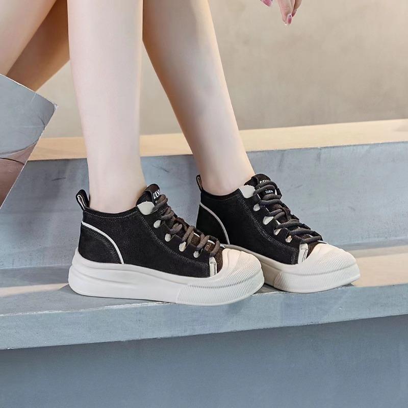 2025 New Women Casual Sneakers Quality Genuine Leather Mixed Colors Flat Platform Lightweight College Style High Top Board Shoes