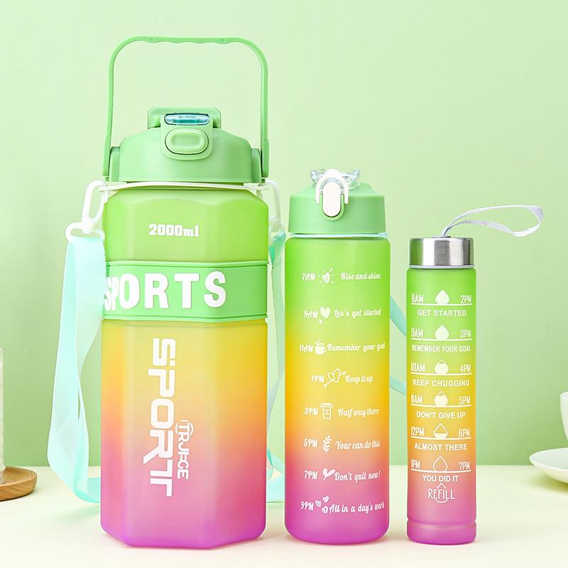 Water Bottle Gradual Change Color Large Capacity Three Piece Plastic Cup Outdoor Portable Sports Kettle with Scale Large Capacity Space Cup