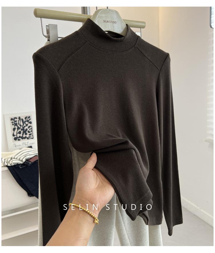 Korean-Style Double-Sided Oreo Fleece Half-Turtleneck Warm Base Layer Top for Women - Long-Sleeve Winter T-Shirt