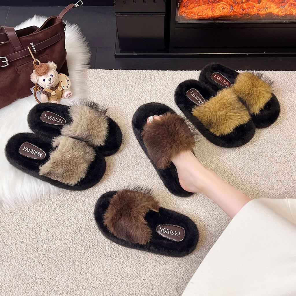 2025 New Mao Mao Slippers Women's Fashion Outer Wear Autumn and Winter Thick Bottom Word Super Fire Leisure Cotton Drag Tide Soft Skin-friendly