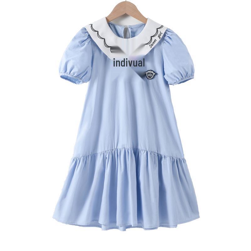 

Платье принцессы из хлопка с вышивкой и кукольным воротником для девочек - Лето 2025, Короткий рукав, В стиле колледжа для детей среднего и старшего возраста 130 cm светло-синий