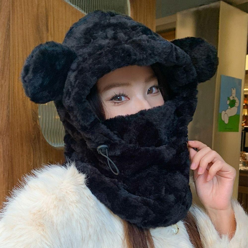 Keep Warm Bear Ears Beanies Hat Plush Hooded Scarf Pullover Hat Kawaii Mask Skullies Set  Riding