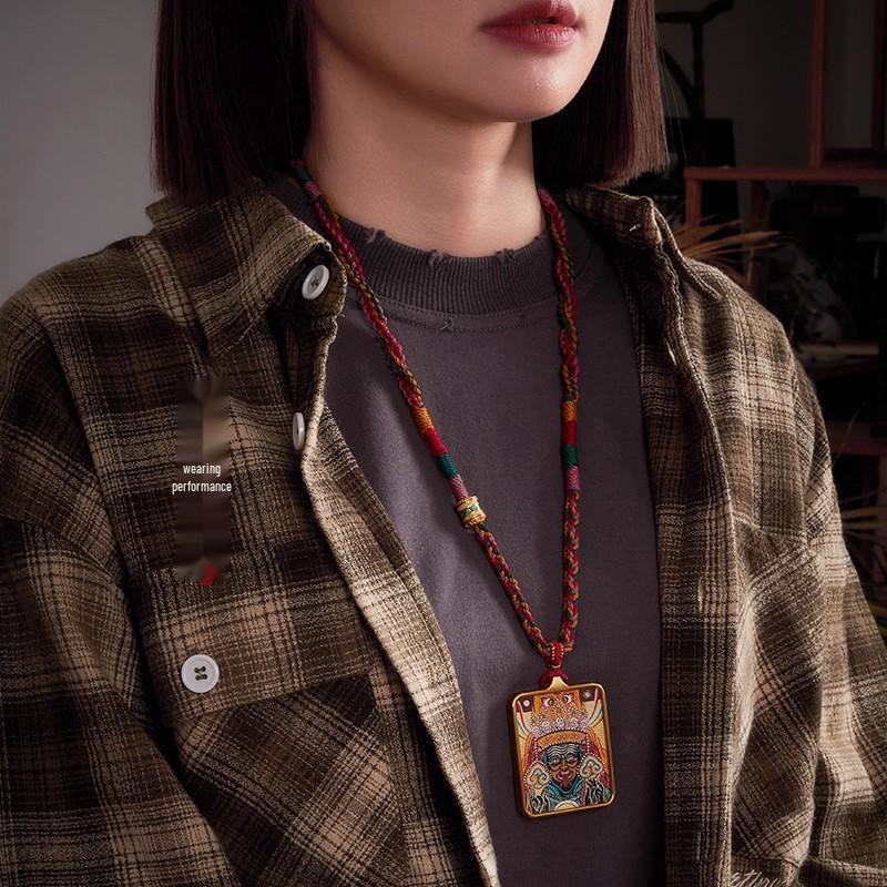 Tibetan Handmade Woven Rope Necklace with Five-Color Amulet and Thangka Pendant