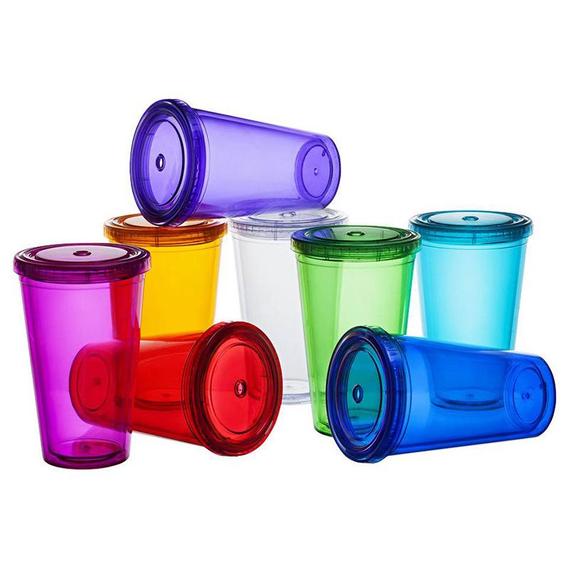 1PC 450ml Plastic Straw Cup Double Layer Transparent Drinking Cup Reusable Cold Cup Plastic Straw Tumbler with Straw and Lid