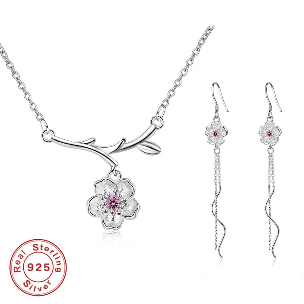 Lihong 925 Silver Pendant Necklace Earrings Sakura Tassel Set Engagement Jewelry Gifts for Women