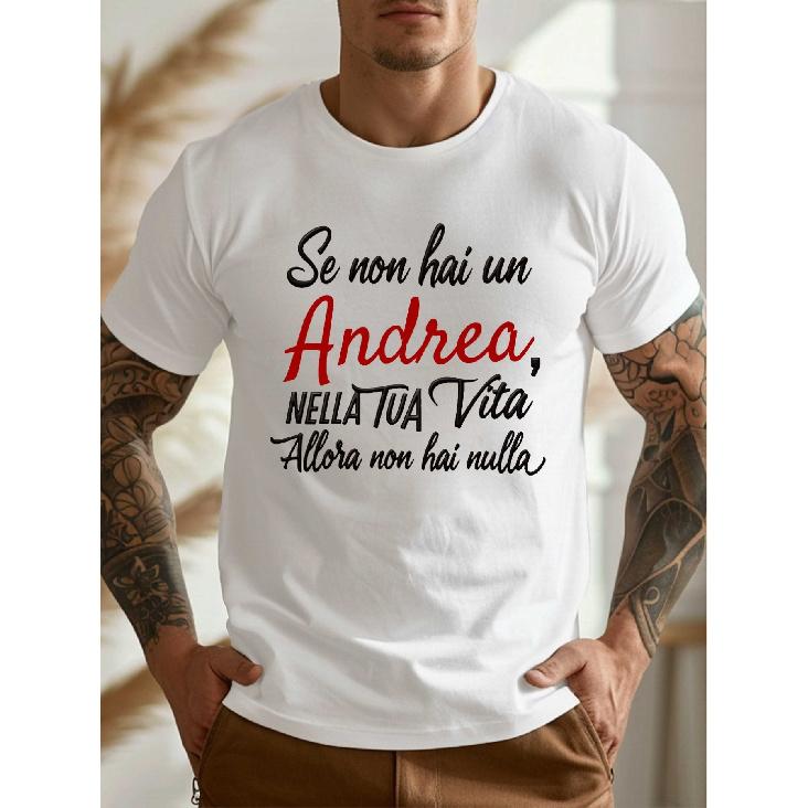 T-shirt da uomo con frase italiana e stampa del nome Andrea - Minimalista // Maglietta casual girocollo, Regalo per Andrea, Top con testo italiano, Lavabile in lavatrice tutto l'anno