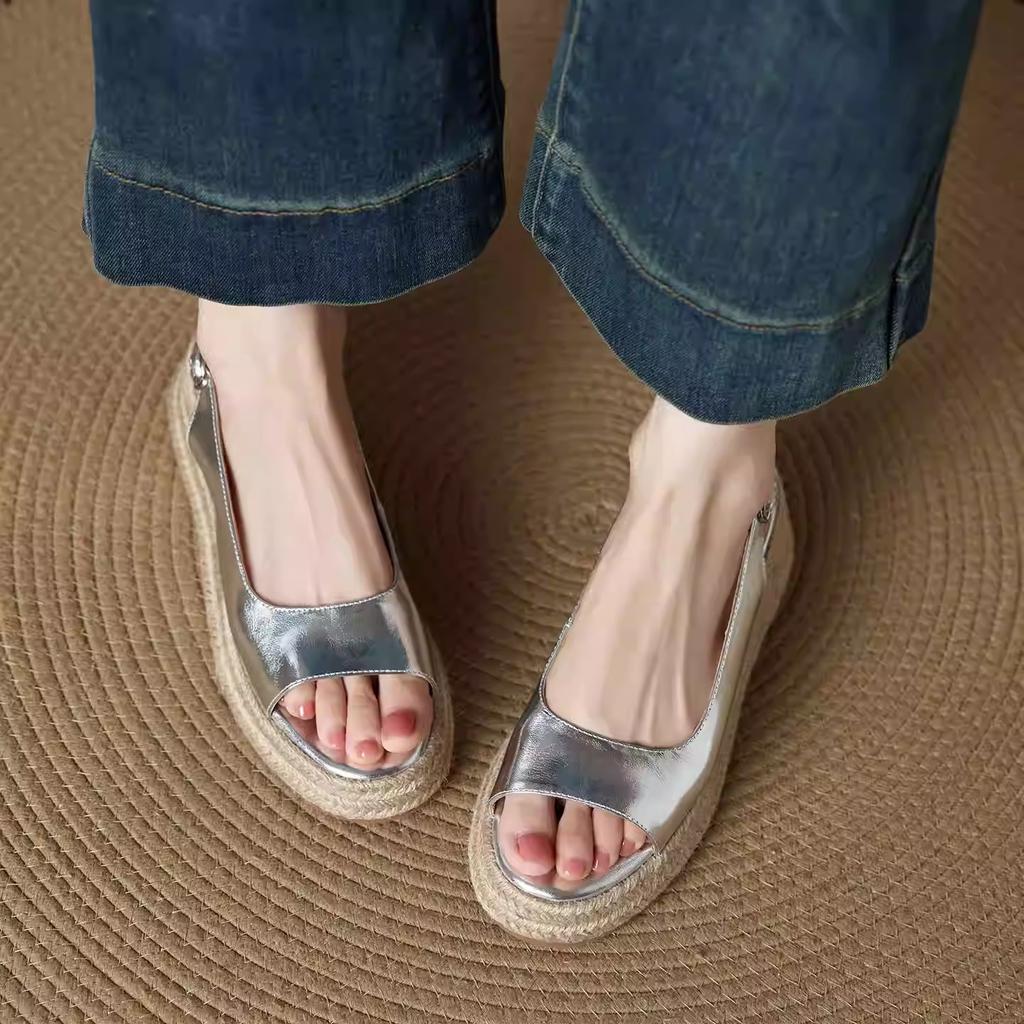 Show long legs~ Round head straw woven open-toed sandals for women's summer heightened slope heel with sandals