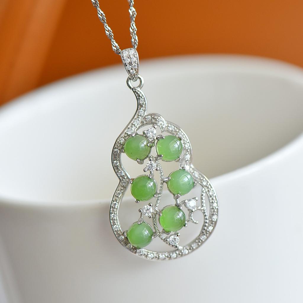 Hotan Jade S925 Silver Inlaid Jasper Gourd Pendant Necklace for Women