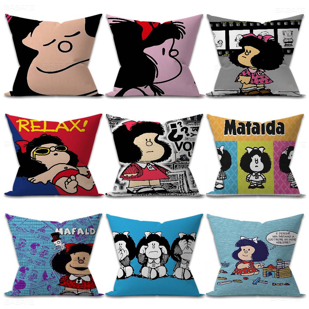 M-Mafalda Girl Pillow Covers Cartoon Sofa Decorative Home Double-Sided Printing Short Plush Cute Cushion Cover